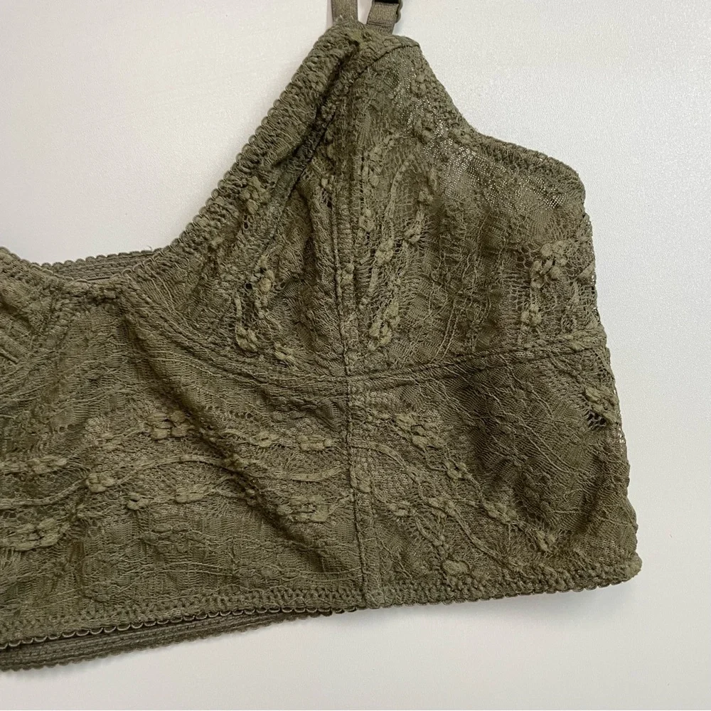 Free People Bralette Corset Crocheted Lace Asian Floral No Padding Olive Green